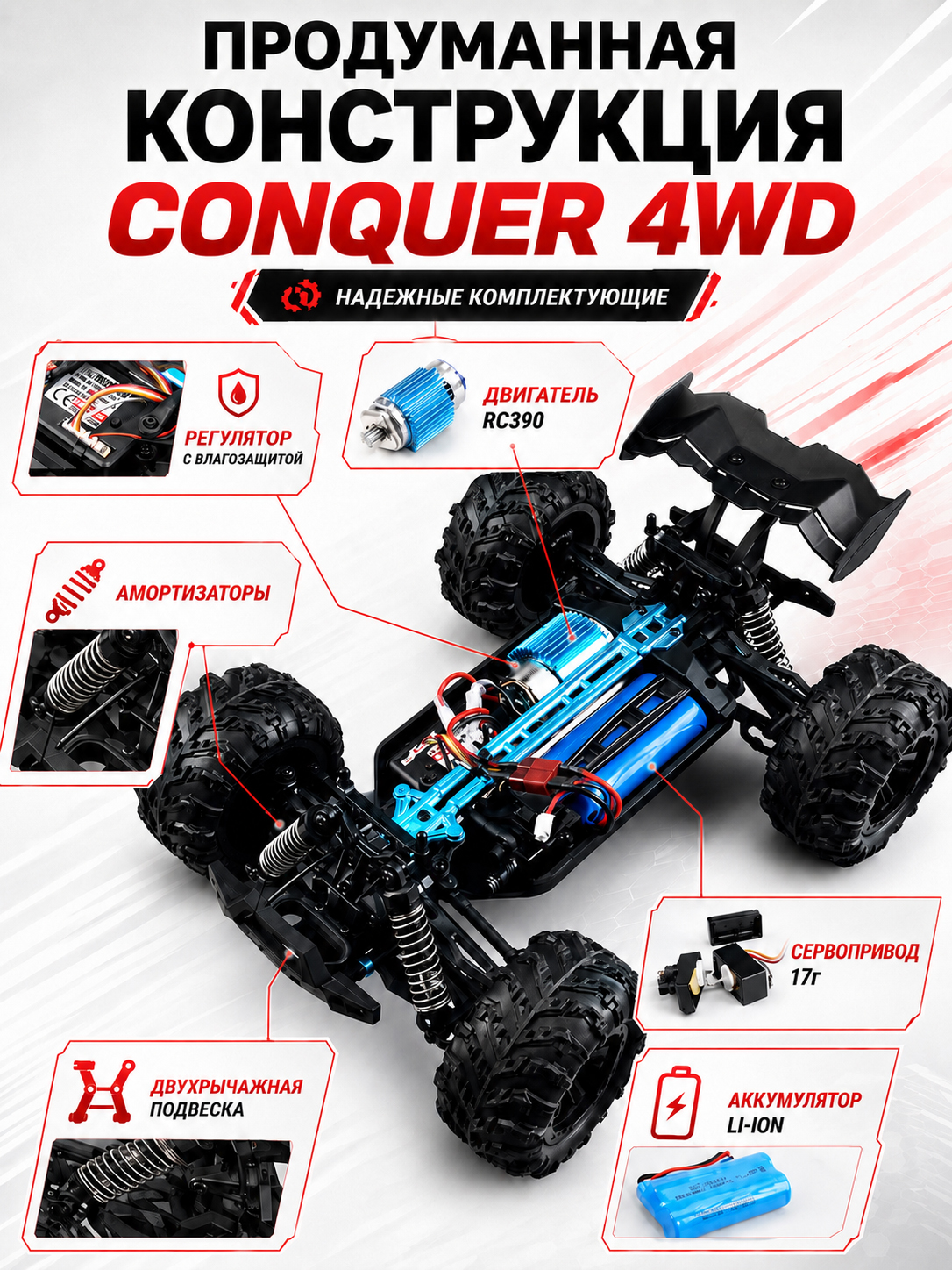 картинка Радиоуправляемый внедорожник Conquer 4WD 1:16 - SCY-16102-RED 