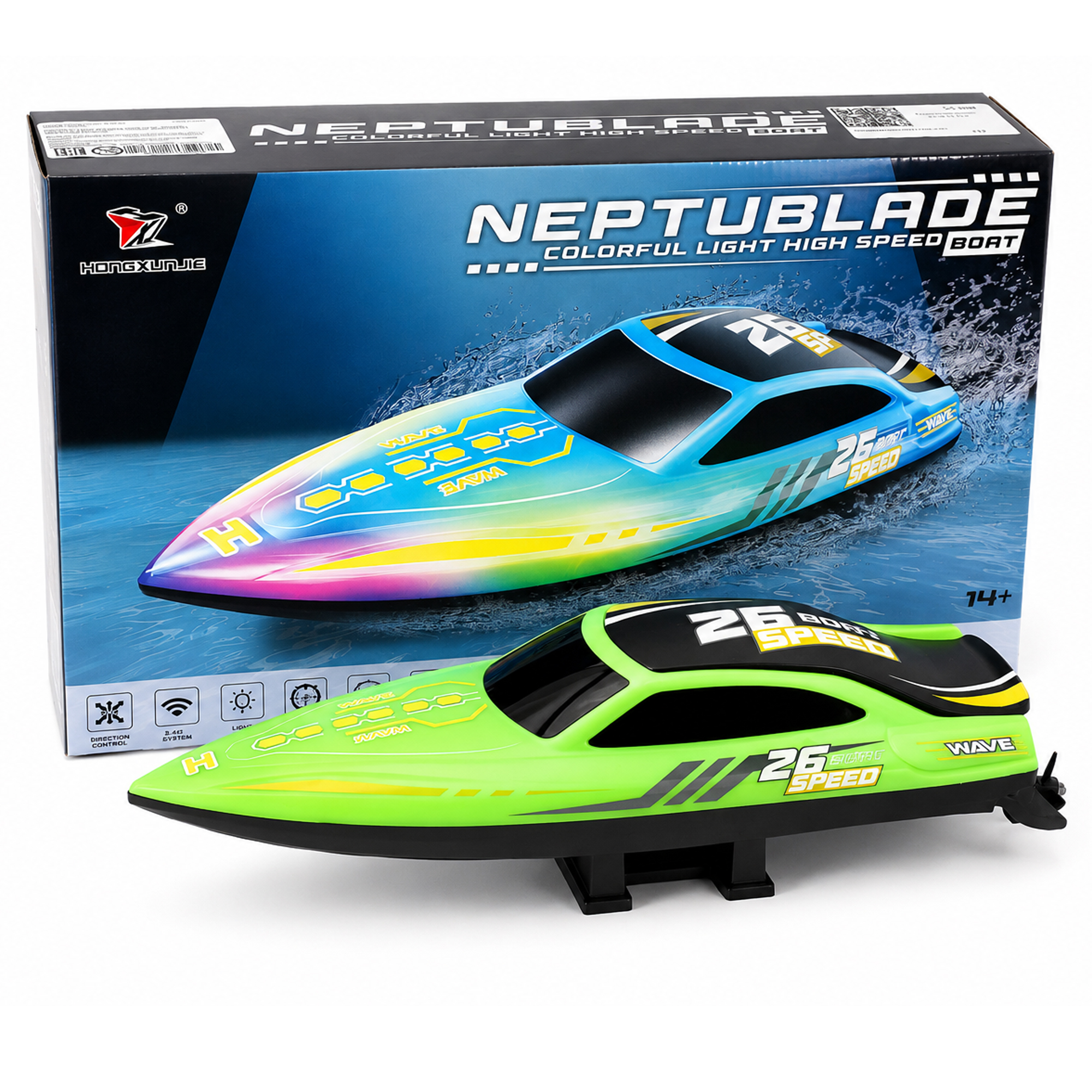 картинка Радиоуправляемый катер NeptuBlade (25 км/ч, 32 см, 30 мин, 7 видов подсветки) - HJ826B-GREEN 