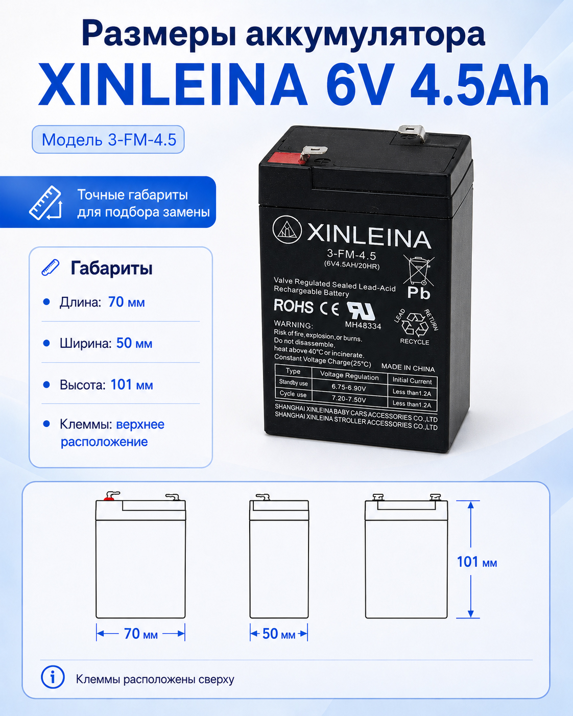 картинка Аккумулятор XINLEINA 6V4.5Ah/20Hr - 3FM4.5 