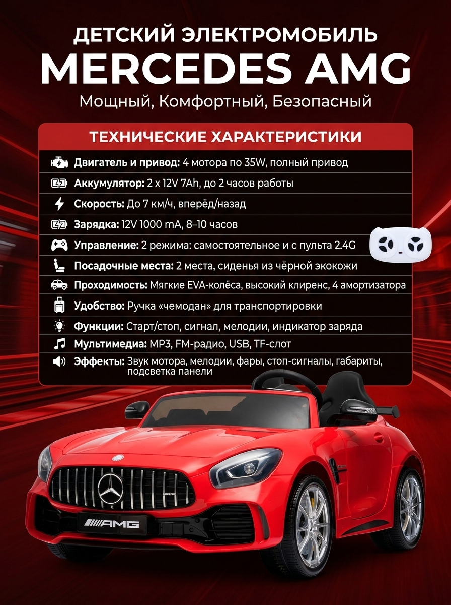 картинка Электромобиль Mercedes-Benz GT R (красный, 4WD, 12V) - HL289-RED 