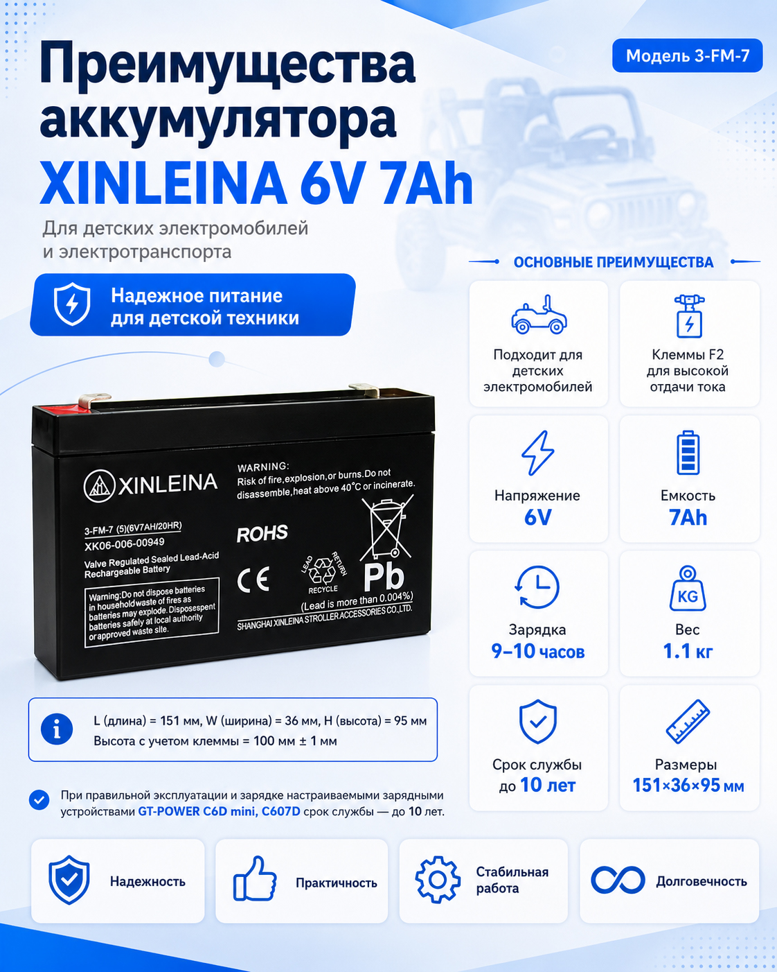 картинка Аккумулятор XINLEINA 6V7Ah/20Hr - 3-FM-7 