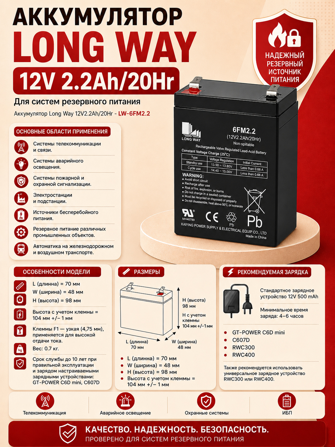 картинка Аккумулятор Long Way 12V2.2Ah/20Hr - LW-6FM2.2 