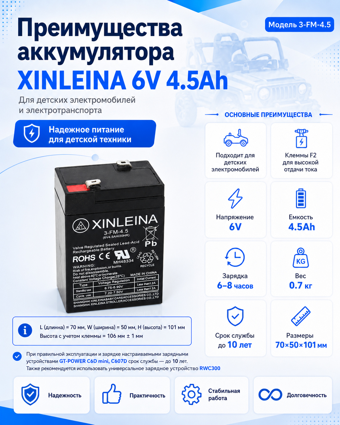 картинка Аккумулятор XINLEINA 6V4.5Ah/20Hr - 3FM4.5 