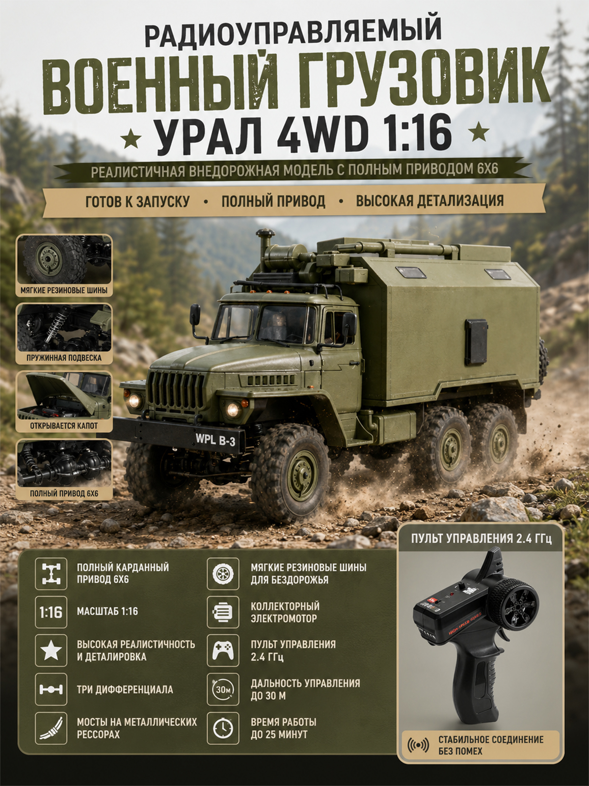 картинка Радиоуправляемый внедорожник WPL Советский военный грузовик Урал 4WD 1:16 2.4G - WPLB-36 