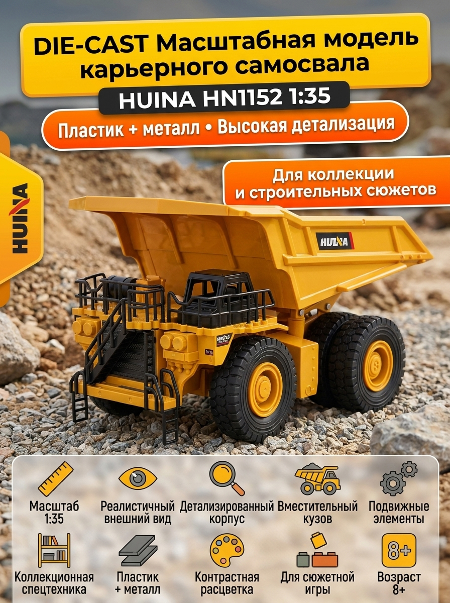 картинка Масштабная модель карьерный самосвал HuiNa масштаб 1:35 - HN1152 