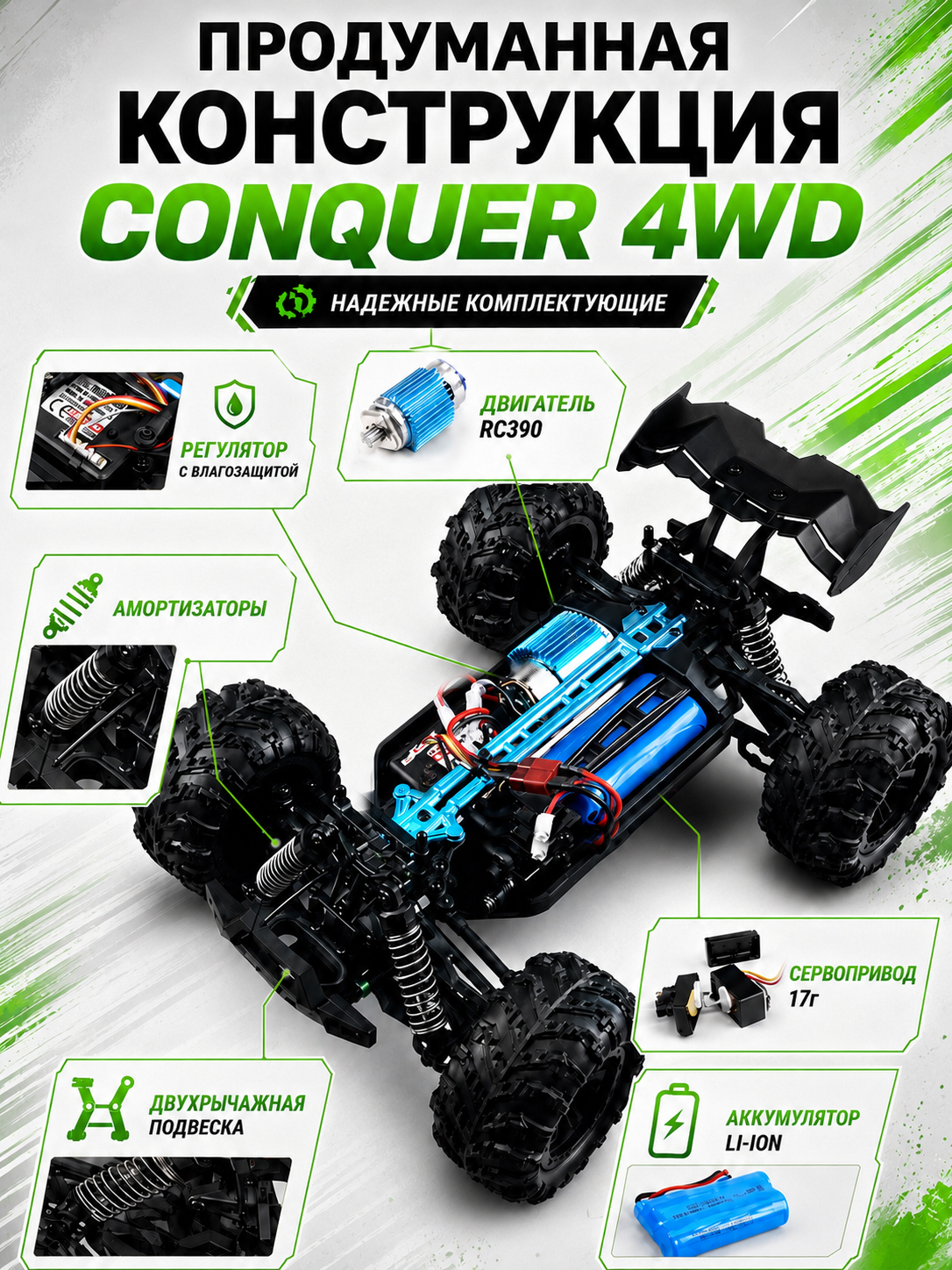 картинка Радиоуправляемый внедорожник Conquer 4WD 1:16 - SCY-16102-GREEN 