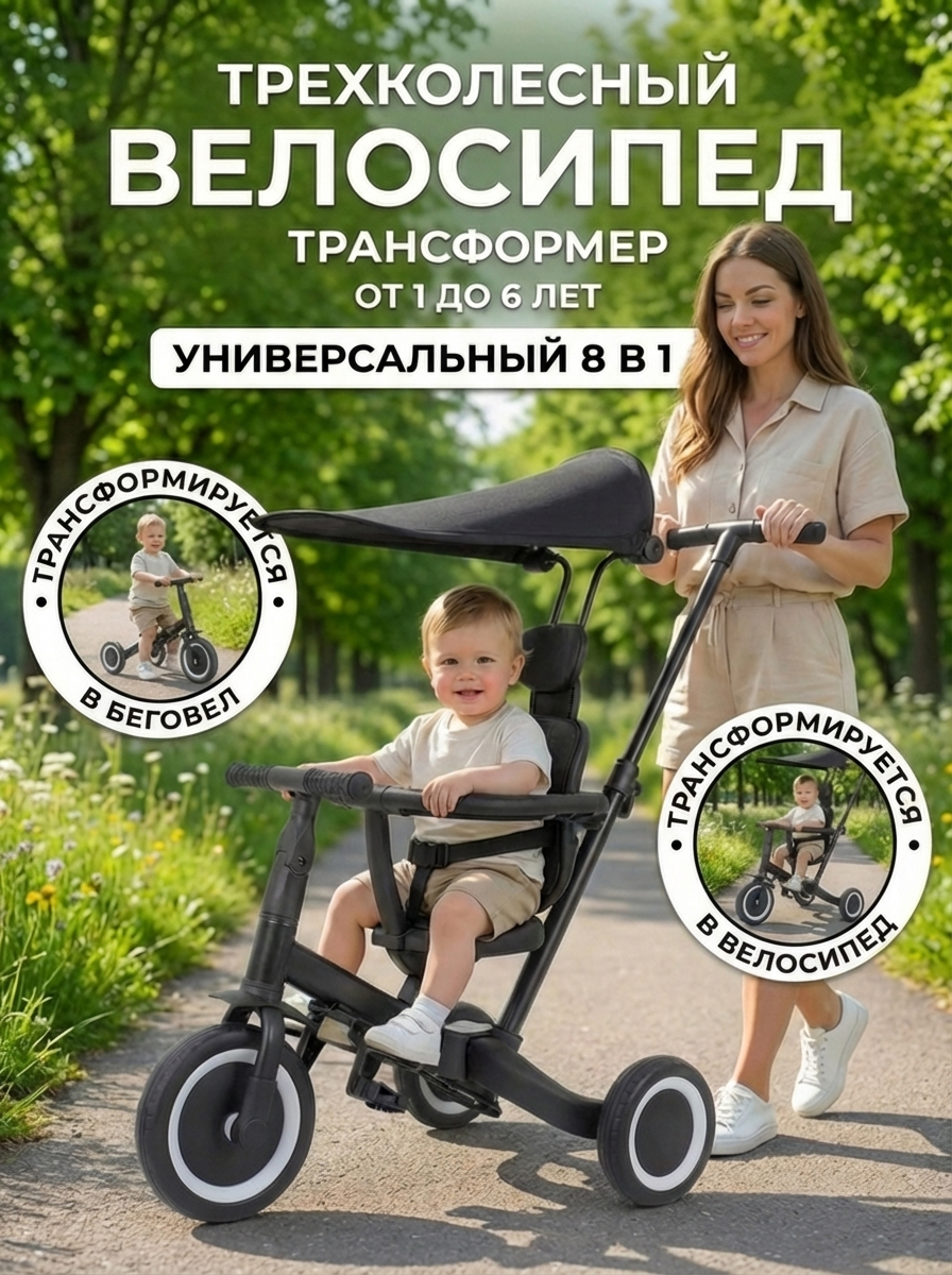 картинка Детский беговел-велосипед 8в1 с крышей и ручкой, черный - TR008C-BLACK 