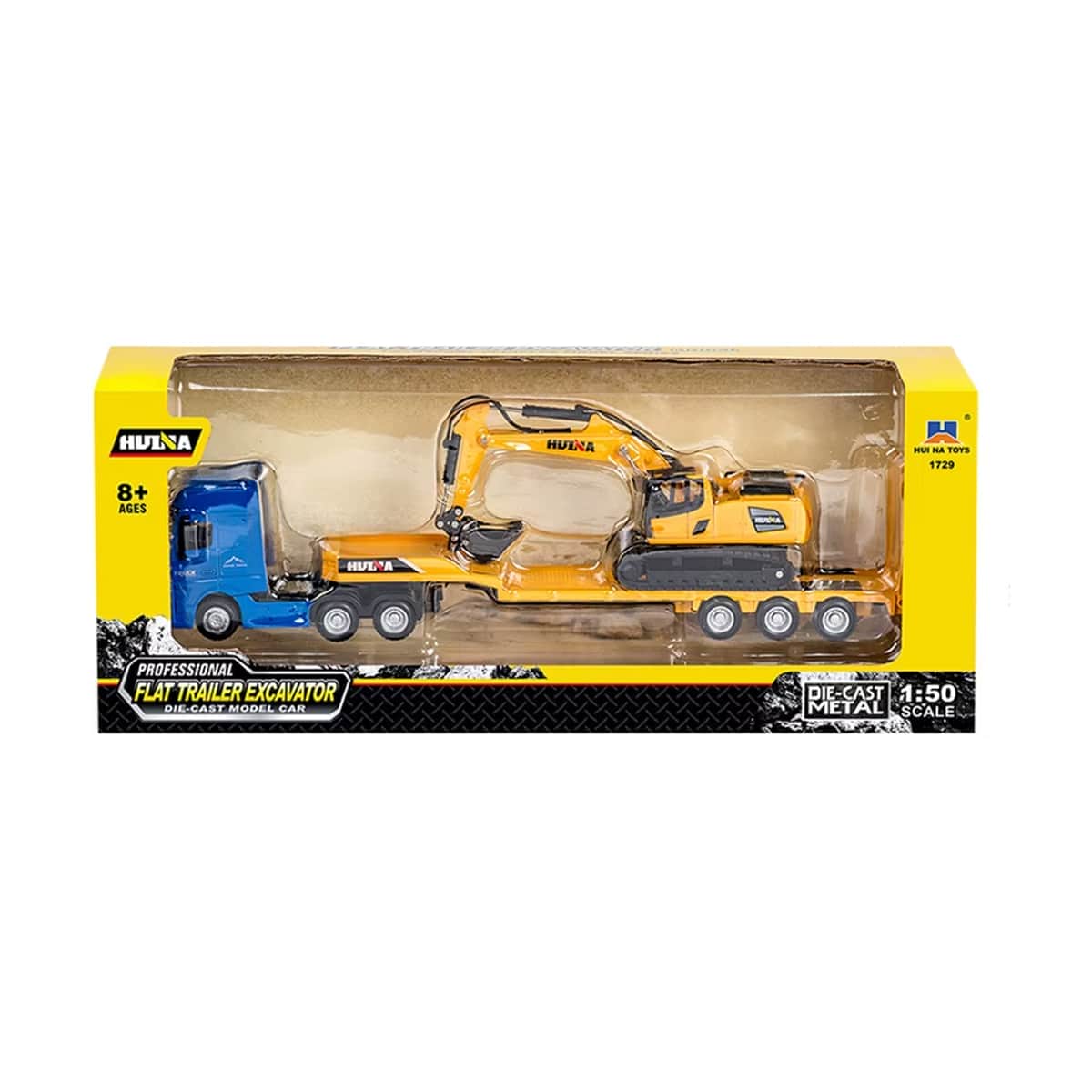 картинка Металлический грузовик трейлер с экскаватором HUINA 1:50 - HN1729-YELLOW 