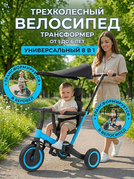 картинка Детский беговел-велосипед 8в1 с крышей и ручкой, синий - TR008C-BLUE 