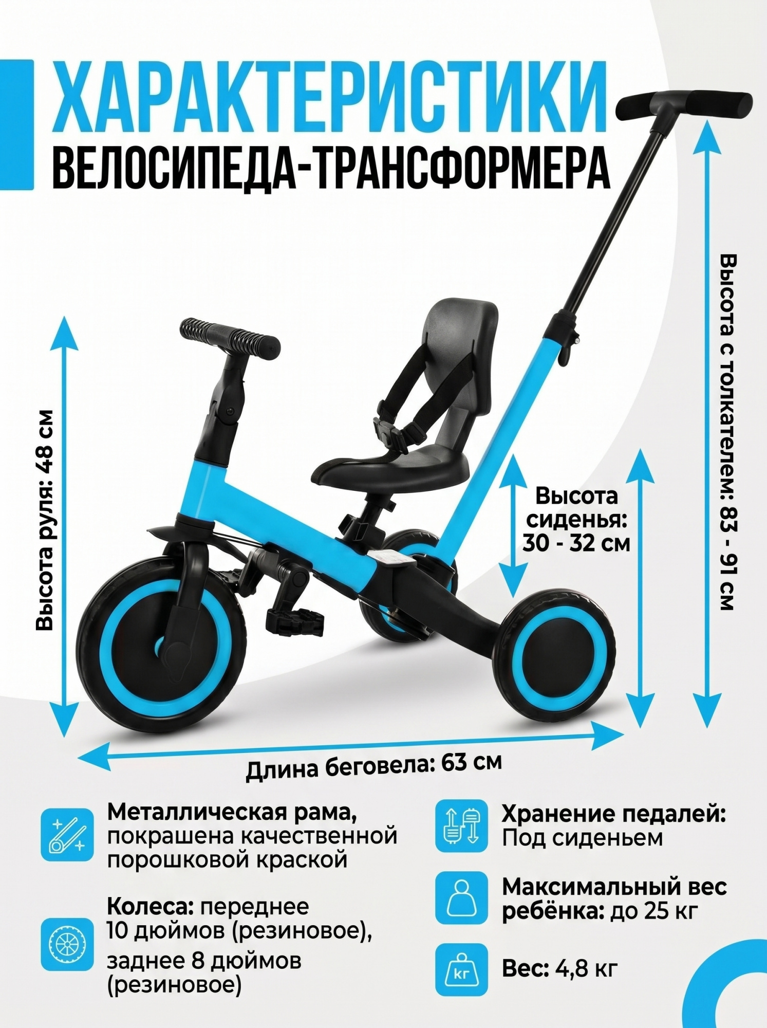 картинка Детский беговел-велосипед 4в1 с родительской ручкой, синий - TR007-BLUE 