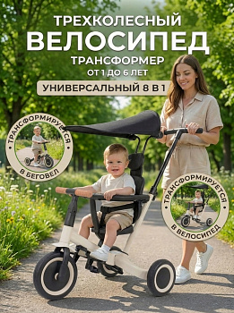 картинка Детский беговел-велосипед 8в1 с крышей и ручкой, бежевый - TR008C-BEIGE 