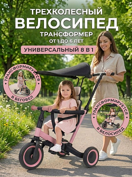 картинка Детский беговел-велосипед 8в1 с крышей и ручкой, розовый - TR008C-PINK 