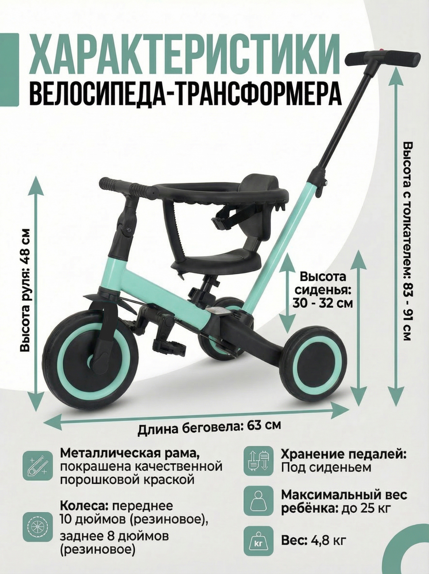 картинка Детский беговел-велосипед 6в1 с родительской ручкой, зеленый - TR008-CYAN 