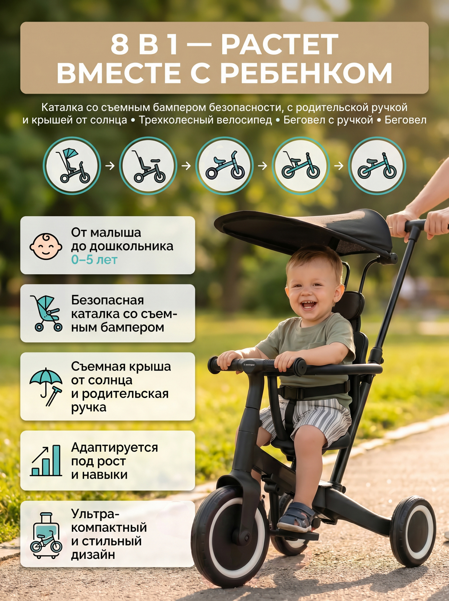 картинка Детский беговел-велосипед 8в1 с крышей и ручкой, черный - TR010-BLACK 