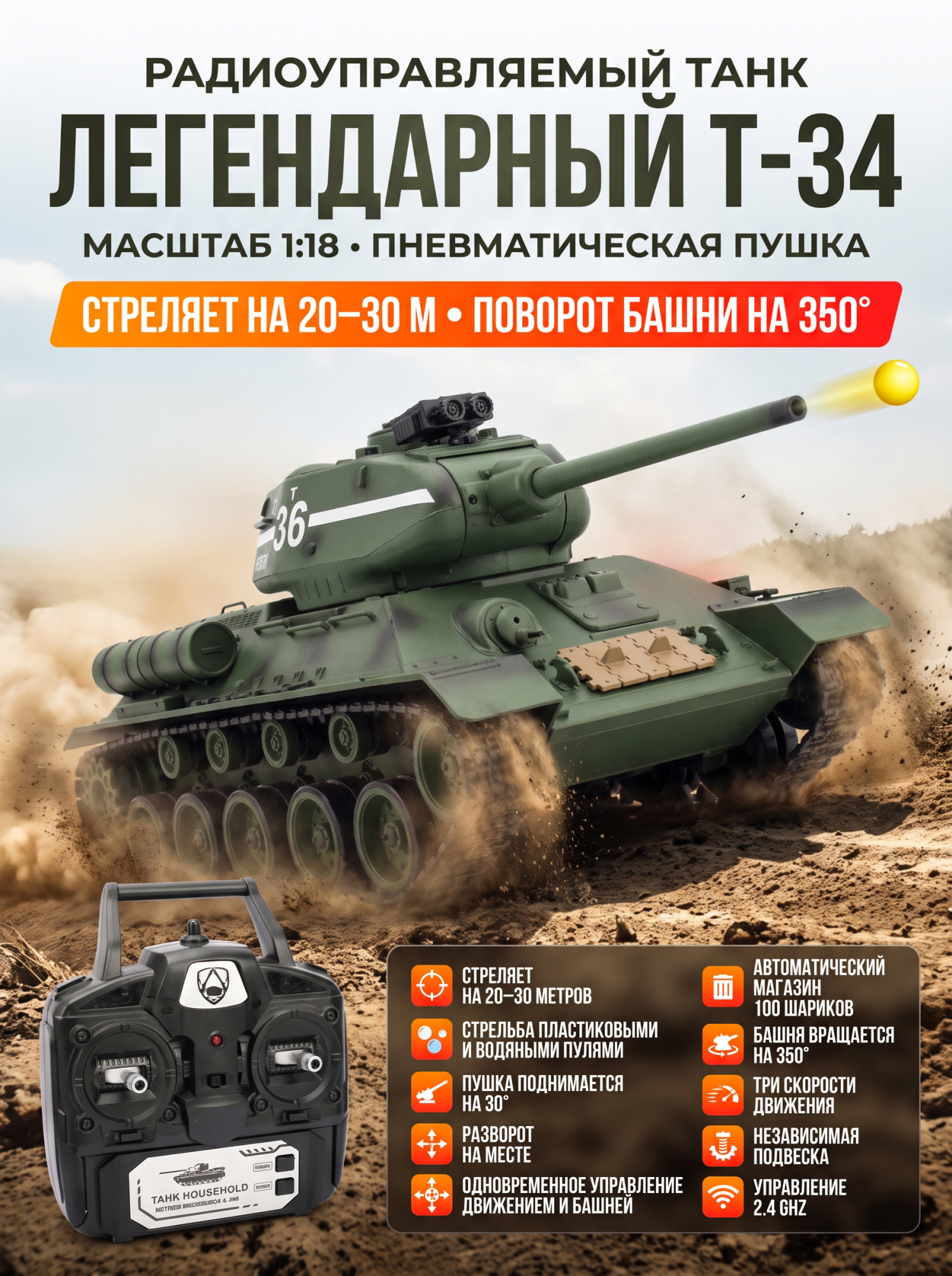картинка Радиоуправляемый танк R-WINGS T-34 - RWG021-842 