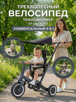 картинка Детский беговел-велосипед 8в1 с крышей и ручкой, темно-серый - TR008C-DARK-GREY 
