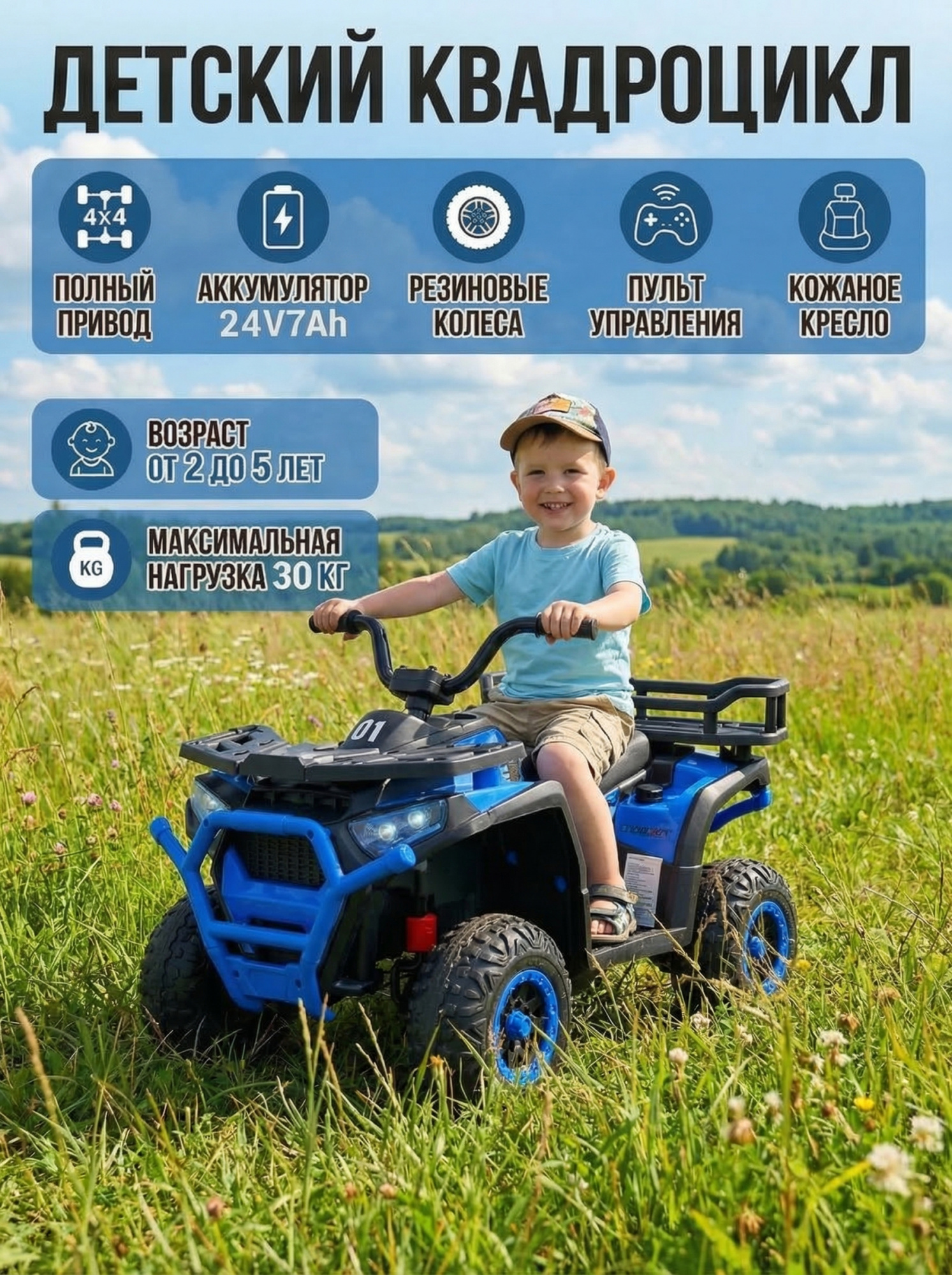 картинка Детский электромобиль квадроцикл X-Robust (синий, 24V, 4WD, пульт, EVA) - XMX651-24V-4WD-BLUE 