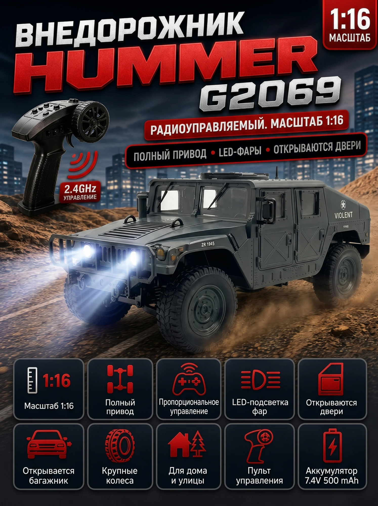 картинка Радиоуправляемая машина Hummer 1:16 - G2069-BLACK 