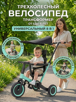 картинка Детский беговел-велосипед 8в1 с крышей и ручкой, зеленый - TR008C-CYAN 