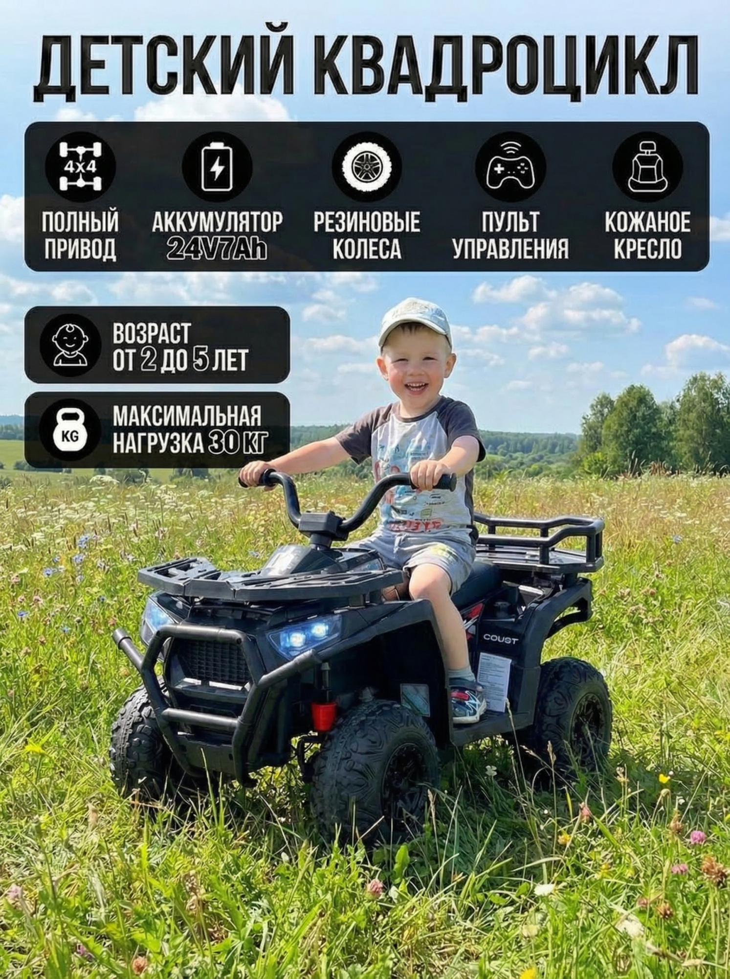 картинка Детский электромобиль квадроцикл X-Robust (черный, 24V, 4WD, пульт, EVA) - XMX651-24V-4WD-BLACK 