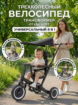 картинка Детский беговел-велосипед 8в1 с крышей и ручкой, черный - TR008C-BLACK 